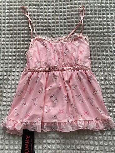 coquette dollette lolita bluz ince askılı pembe kedili