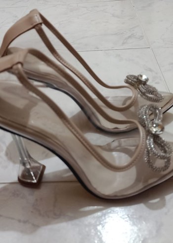 Bej Cam Stiletto Taşlı Kadın Abiye Ayakkabı