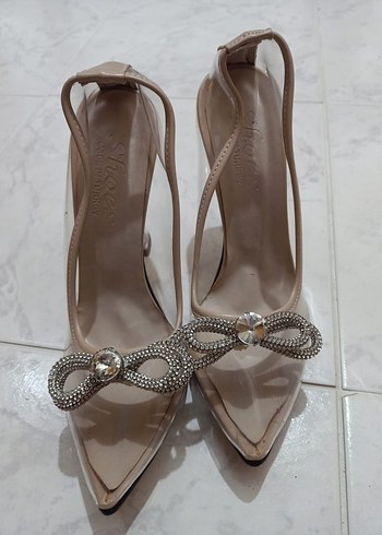 Derimod Bej Cam Stiletto Taşlı Kadın Abiye Ayakkabı