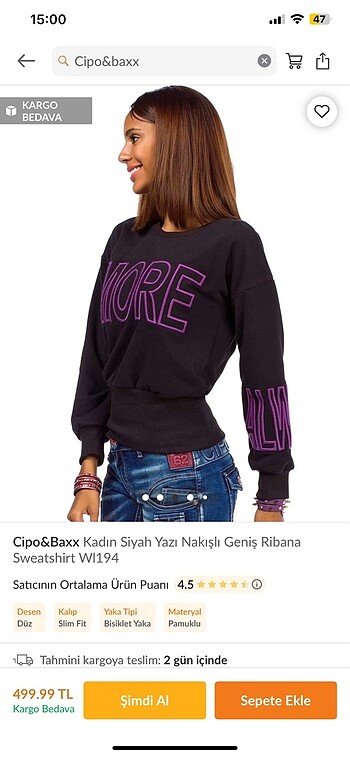 s Beden Cipo&Baxx sıfır kadın siyah yazı nakışlı ribana sweatshirt