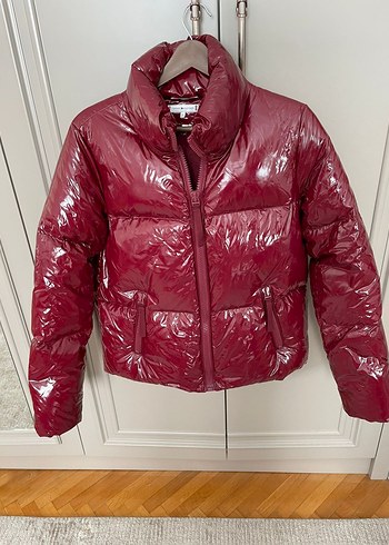 Bordo Parlak Fermuarlı Kadın Mont - Görsel 8