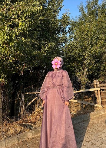 Lila Bohem Uzun Kollu Astarlı Tül Abiye Elbise