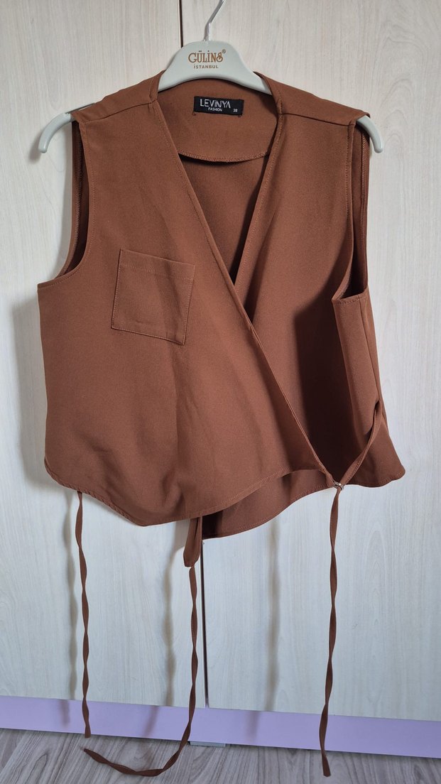 Drapeli Kahverengi Kolsuz Kadın Takım - Görsel 5