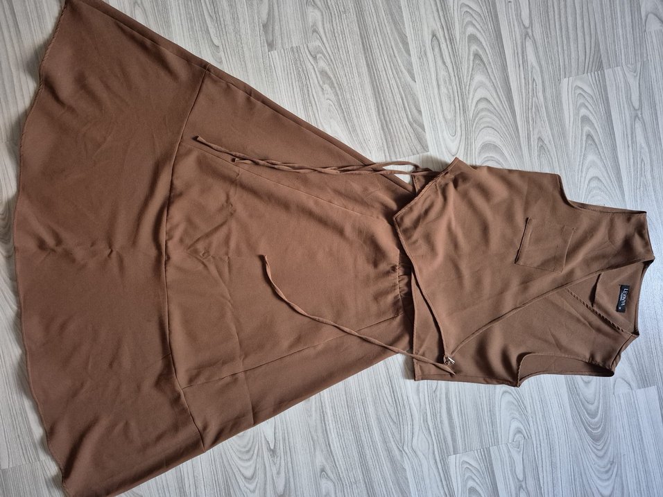 Drapeli Kahverengi Kolsuz Kadın Takım - Görsel 3