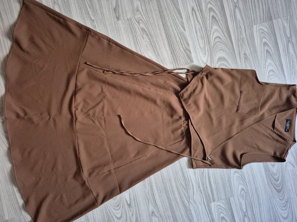 Drapeli Kahverengi Kolsuz Kadın Takım - Görsel 4