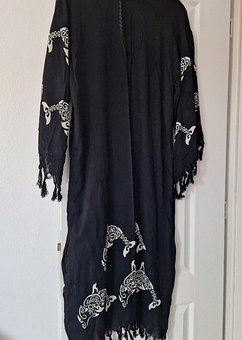 Püsküllü Siyah Uzun Bohem Kimono