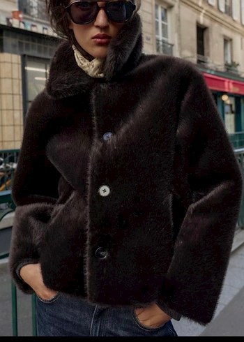 Kahverengi çift taraflı Kürklü Deri Kadın Ceket - Görsel 10