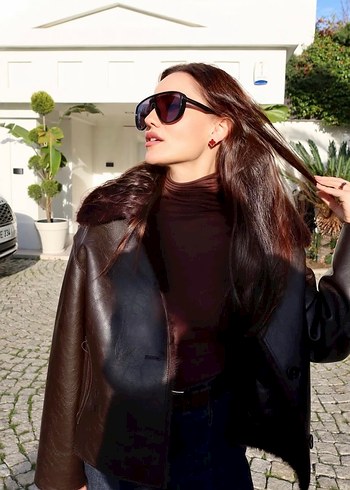 Kahverengi çift taraflı Kürklü Deri Kadın Ceket - Görsel 6