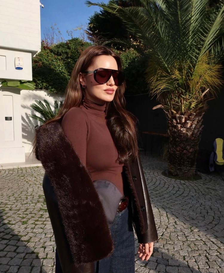 Kahverengi çift taraflı Kürklü Deri Kadın Ceket - Görsel 4