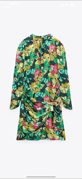 xs Beden yeşil Renk Zara Saten Çiçekli Mini Elbise