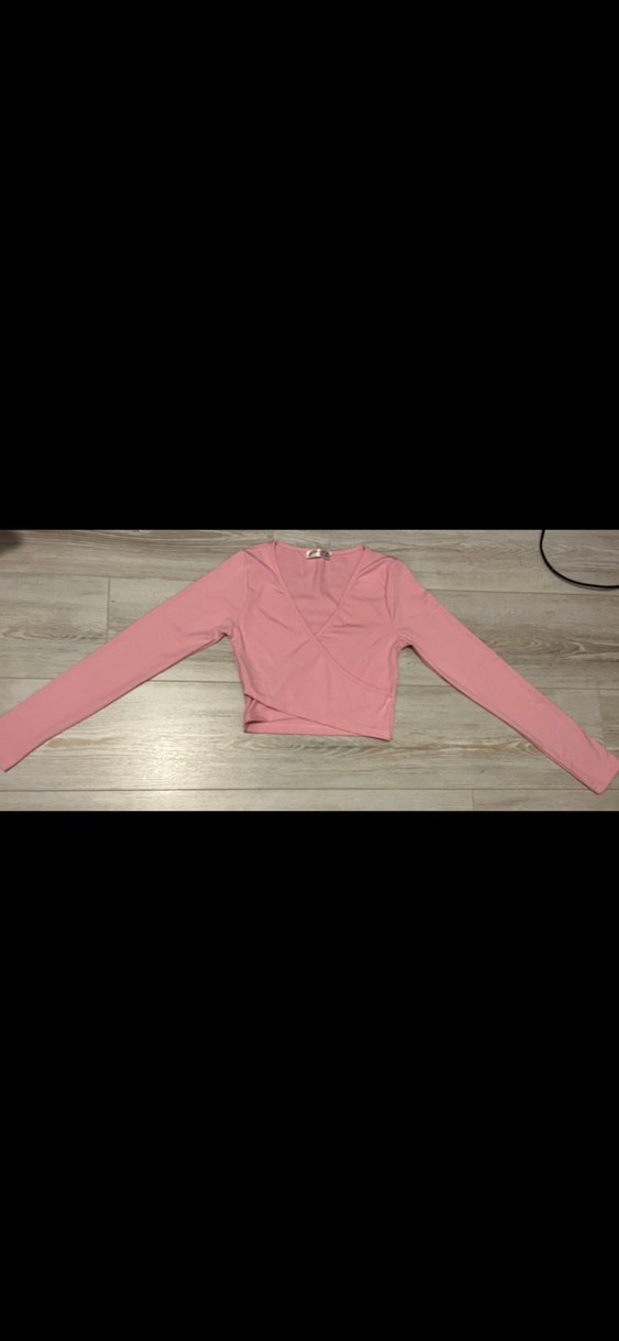 Pembe V Yaka Uzun Kollu Crop Top - Görsel 2