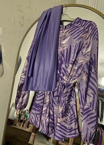 Mor Batik Desenli Uzun Kollu etekli takım