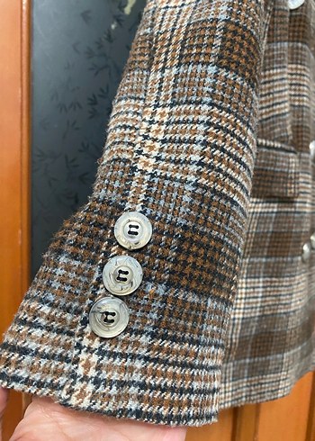 Düğmeli Kahverengi Kareli Kadın Blazer - Görsel 3