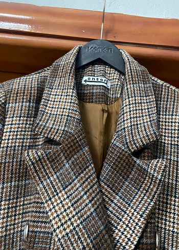 Düğmeli Kahverengi Kareli Kadın Blazer - Görsel 4