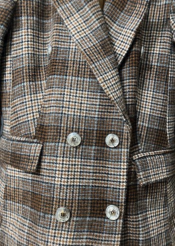 Düğmeli Kahverengi Kareli Kadın Blazer - Görsel 2