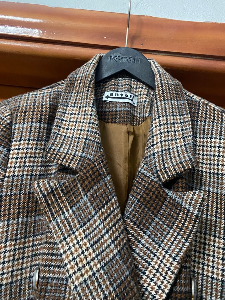 Düğmeli Kahverengi Kareli Kadın Blazer - Görsel 4