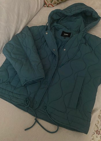 Düğmeli Kapüşonlu Mavi Kadın Ceket - Görsel 2