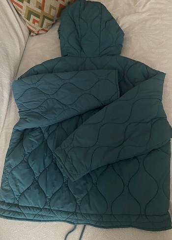 Düğmeli Kapüşonlu Mavi Kadın Ceket - Görsel 3