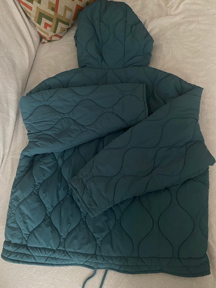 Düğmeli Kapüşonlu Mavi Kadın Ceket - Görsel 3