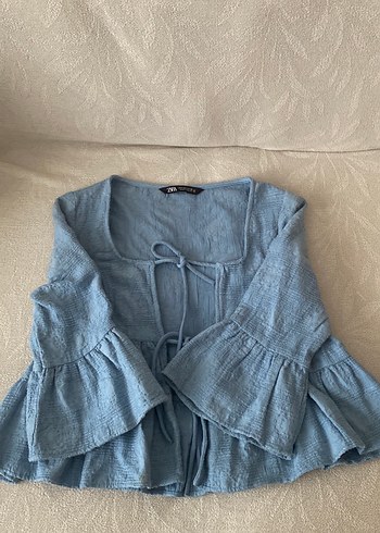 Mavi Keten Bohem Kadın Bluz  ZARA - Görsel 3