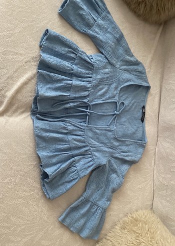 Mavi Keten Bohem Kadın Bluz  ZARA - Görsel 2