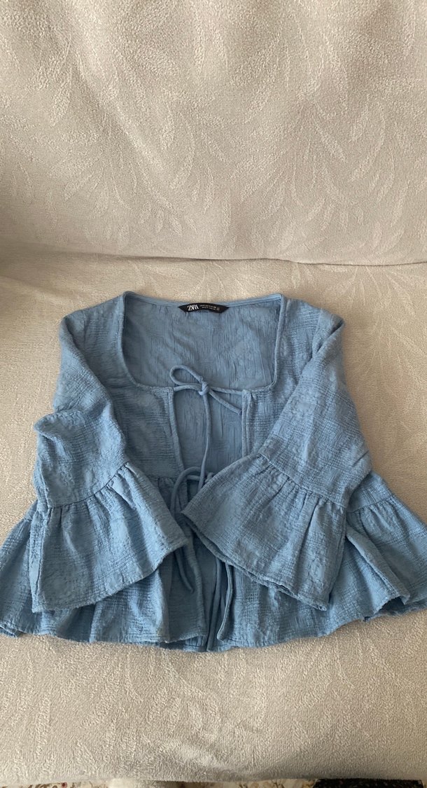 Mavi Keten Bohem Kadın Bluz  ZARA - Görsel 3