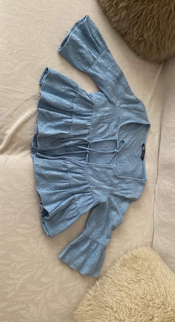 Mavi Keten Bohem Kadın Bluz  ZARA - Görsel 2