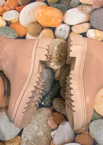 Bej Deri Platform Topuklu Diz Boyu Kadın Çizme sıfır ürn - Görsel 4