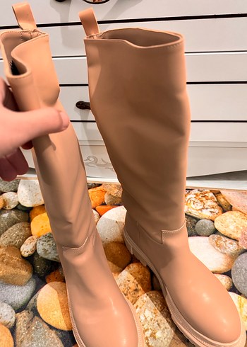 Bej Deri Platform Topuklu Diz Boyu Kadın Çizme - Görsel 2