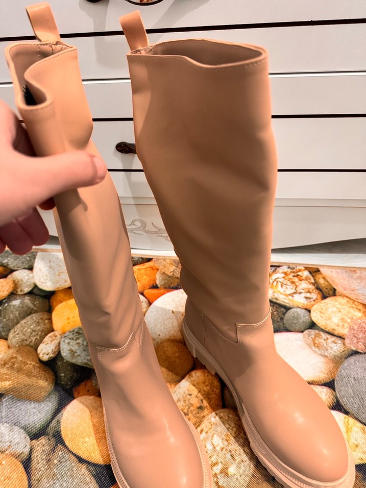 Bej Deri Platform Topuklu Diz Boyu Kadın Çizme - Görsel 2