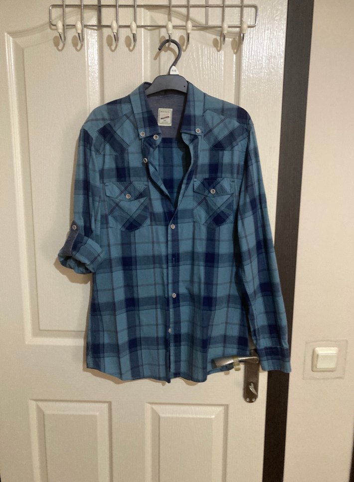 Erkek Mavi Ekose Denim Gömlek - Görsel 5