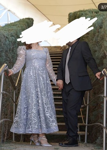 Gri Uzun Kollu Drapeli Nişan Elbisesi - Görsel 3