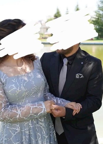 Gri Uzun Kollu Drapeli Nişan Elbisesi - Görsel 2