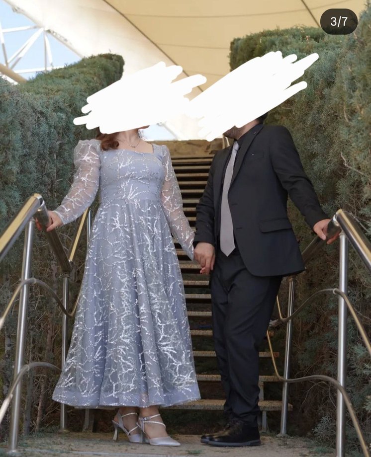 Gri Uzun Kollu Drapeli Nişan Elbisesi - Görsel 3