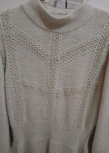 Yüksek Yaka Örgü Keten Midi Kadın Kazak - Görsel 3