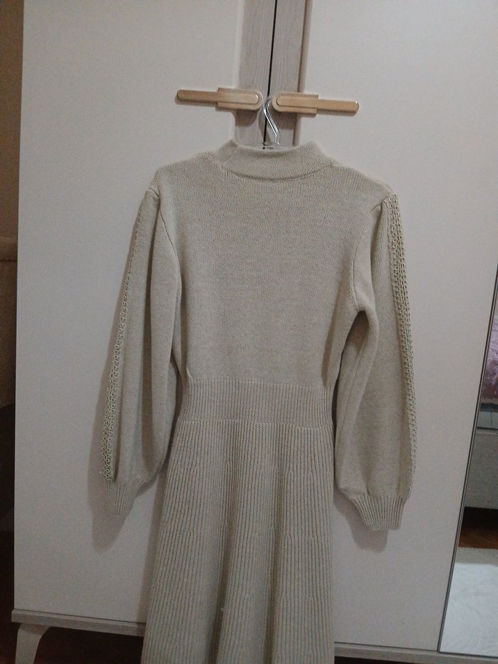 Yüksek Yaka Örgü Keten Midi Kadın Kazak - Görsel 2