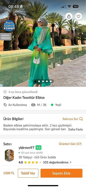 l Beden yeşil Renk Şehrimoda pliseli uzun elbise