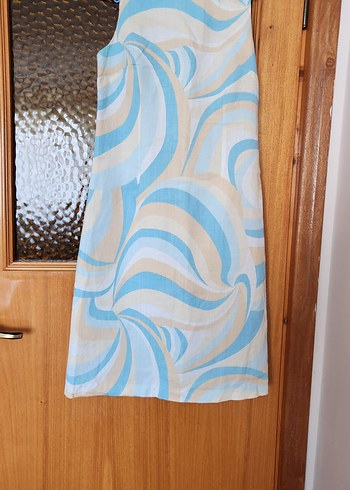 Pastel Mavi Batik Desenli Keten Yazlık Elbise
