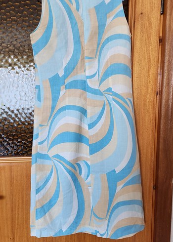 38 Beden mavi Renk Pastel Mavi Batik Desenli Keten Yazlık Elbise