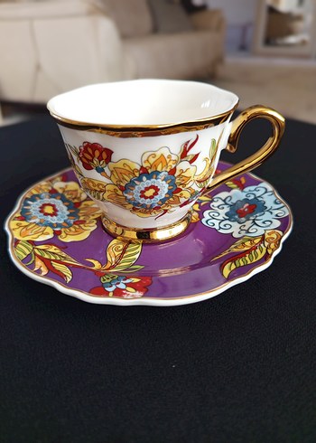 Mor Renkli Çiçek Desenli Altılı Kahve Fincanı Seti - Görsel 2