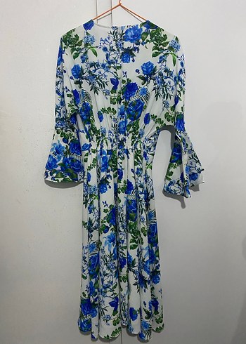 Mavi Çiçek Desenli Uzun Bohem Kadın Elbise - Görsel 3