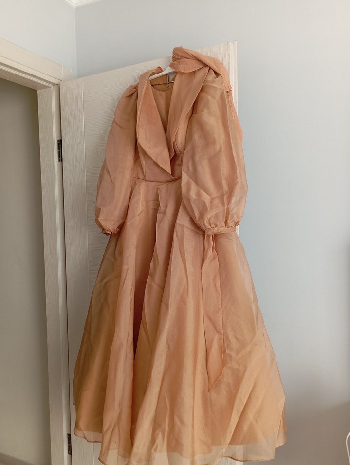 Drapeli Bej Kadın Uzun Abiye Elbise - Görsel 2