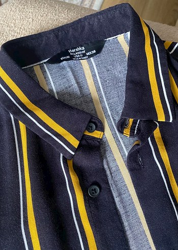 Bershka Sari Gri Cizgili Dugmeli Erkek Gomlek