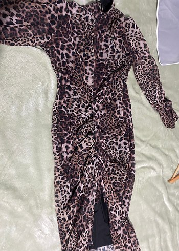 Leopar Desenli Uzun Kollu Drapeli Kadın Elbise - Görsel 3