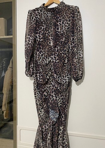 Leopar Desenli Uzun Kollu Drapeli Kadın Elbise - Görsel 2