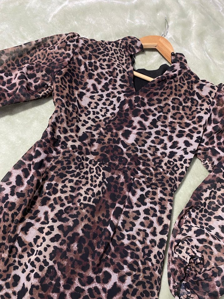 Leopar Desenli Uzun Kollu Drapeli Kadın Elbise - Görsel 4