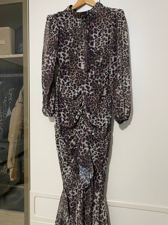 Leopar Desenli Uzun Kollu Drapeli Kadın Elbise - Görsel 2