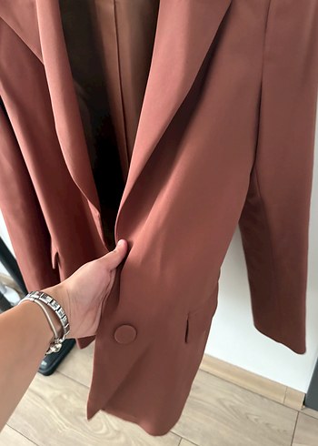 34 Beden Kahverengi Düğmeli Kadın Blazer Ceket