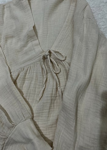 Bej Keten V Yaka Salaş Bluz - Görsel 3