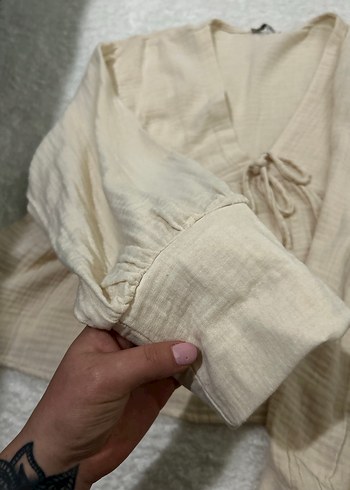 Bej Keten V Yaka Salaş Bluz - Görsel 2